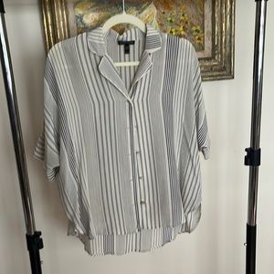 Eileen Fisher striped silk short-sleeves button up blouse.